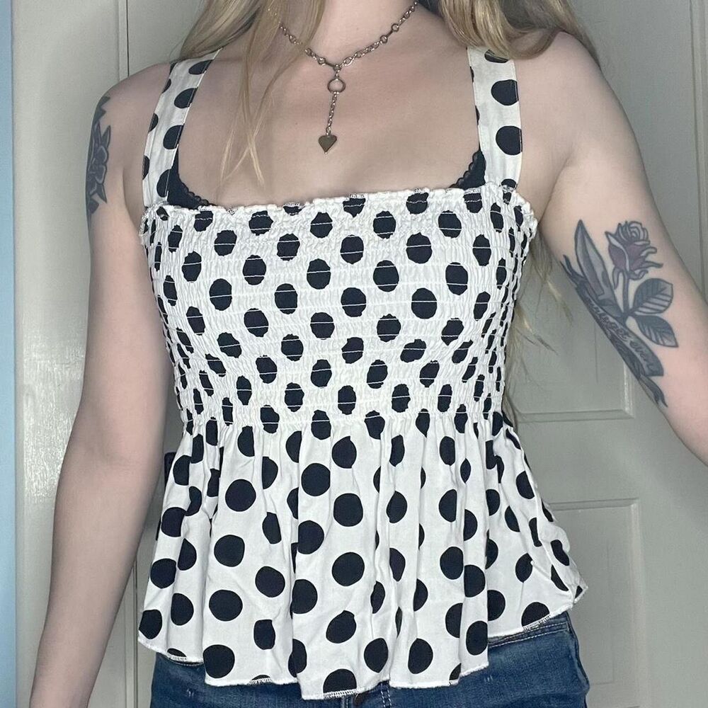 Black And White Polka Dot Ruched Babydoll Tank Top Size M